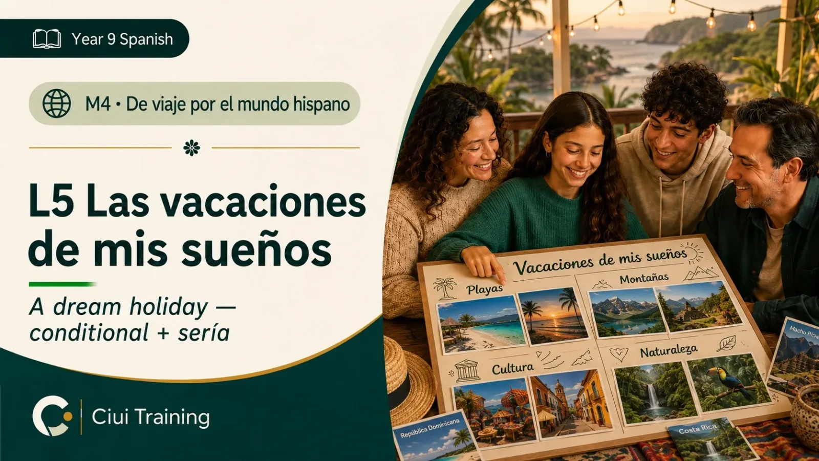 A stunning dream-holiday scene — my dream holiday (the conditional: sería increíble)