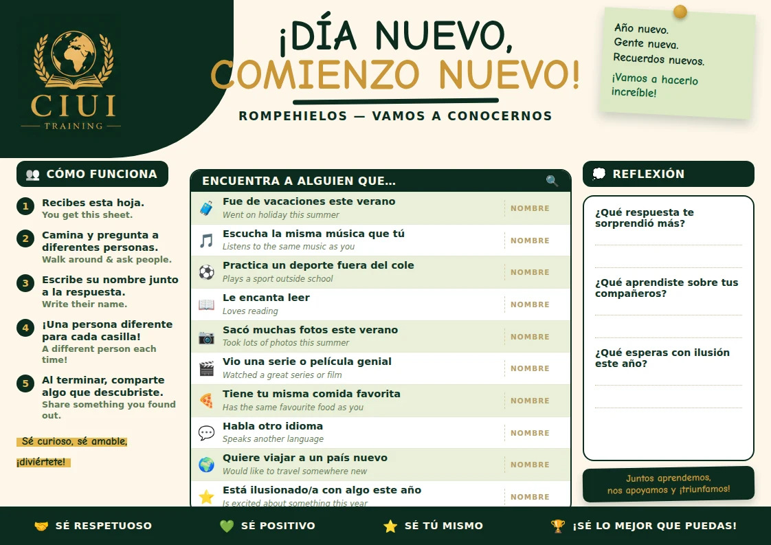 ¡Día Nuevo, Comienzo Nuevo! — Spanish Year 7 icebreaker worksheet
