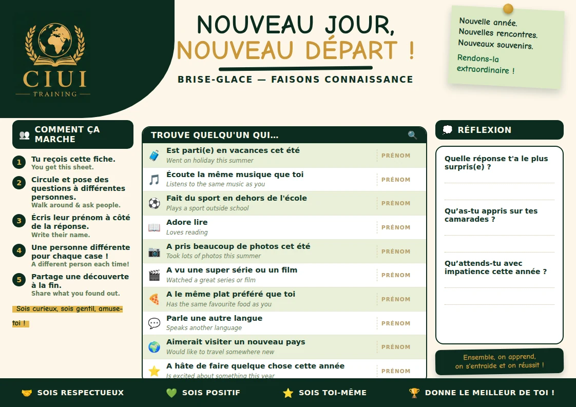 Nouveau Jour, Nouveau Départ ! — French Year 7 icebreaker worksheet